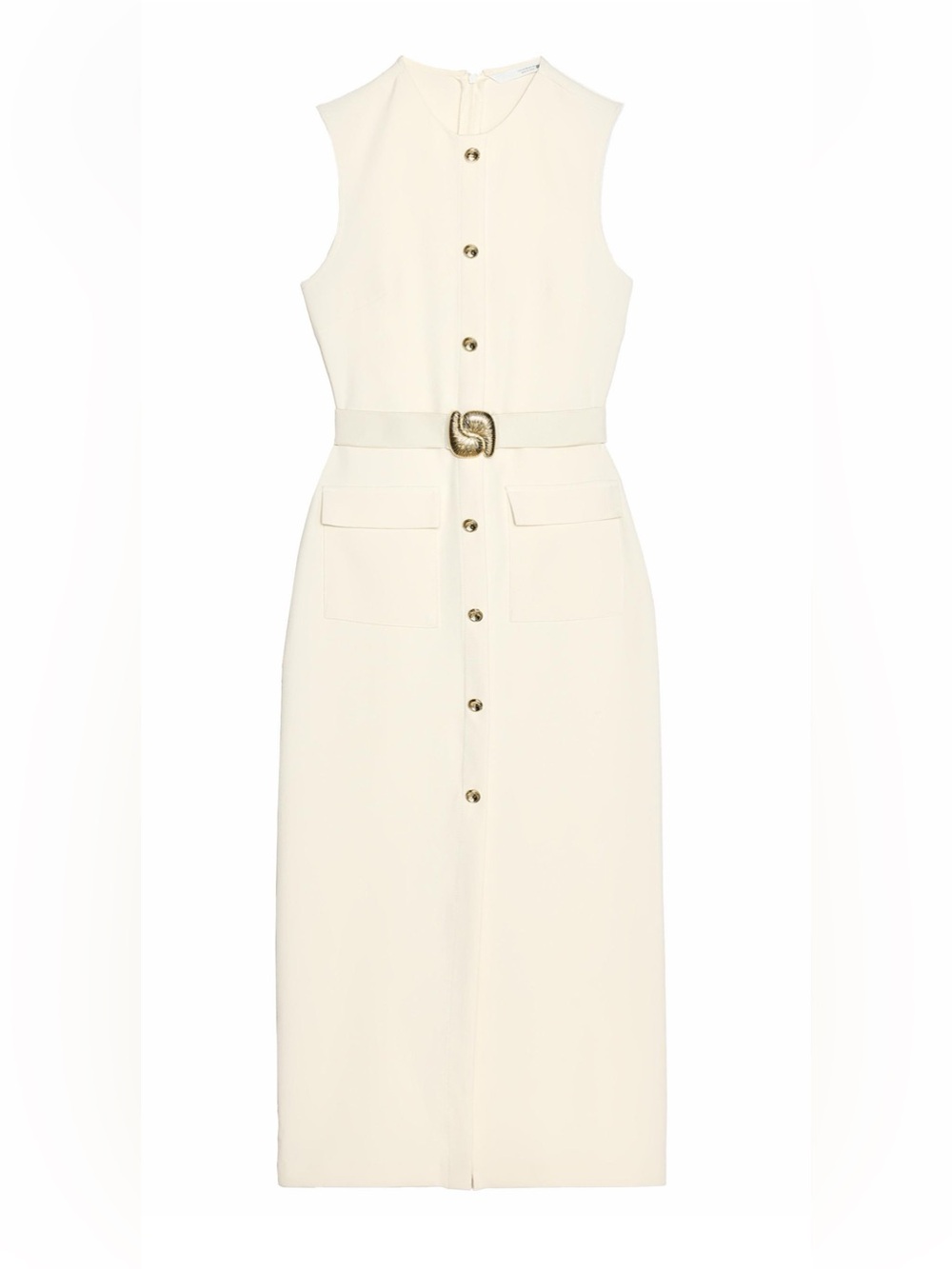 Zara Cream Sleeveless Button-Front Midi Dress with Decorative Belt